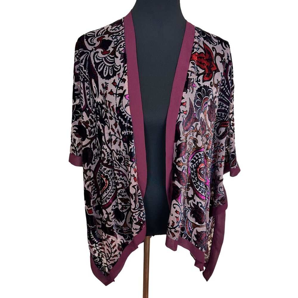Womens Burnout Velvet Kimono Cardigan Wrap Bohemian Burgundy Openfront One Size